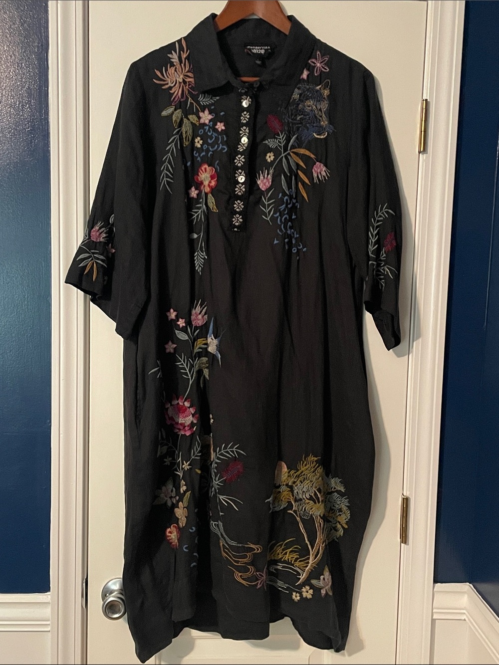 Johnny Was Black Midi Dress with Multicolor Floral Embroidery